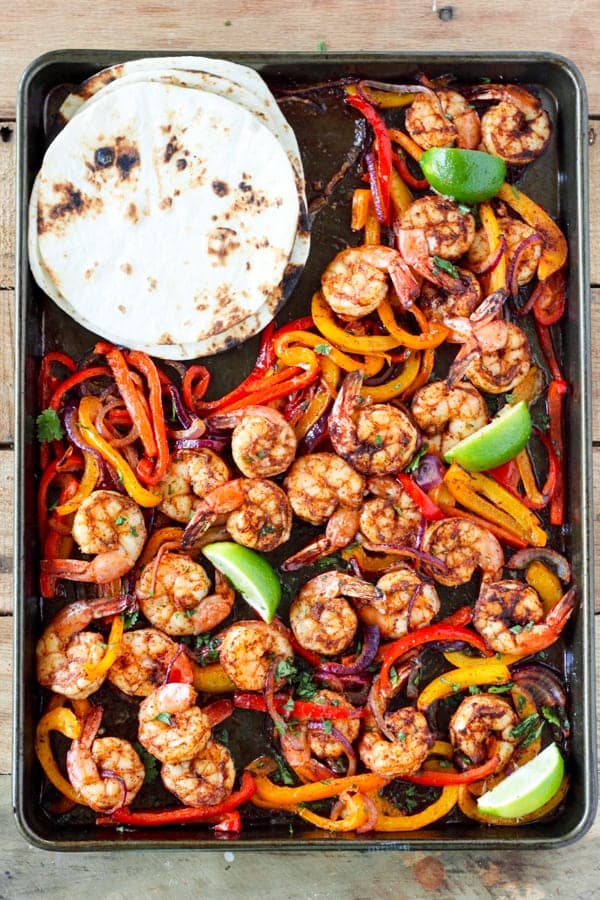 An image displaying the recipe for Sheet Pan Shrimp Fajitas